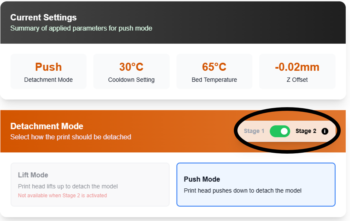 Detachment Tuning panel showing Push mode selected with cooldown, bed temperature, and Z-offset current settings