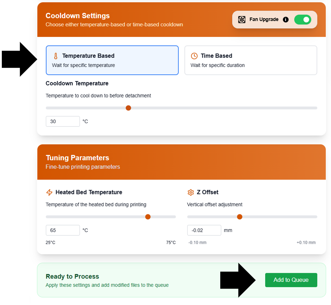 Cooldown and tuning parameters with the green Add to Queue button at the bottom right