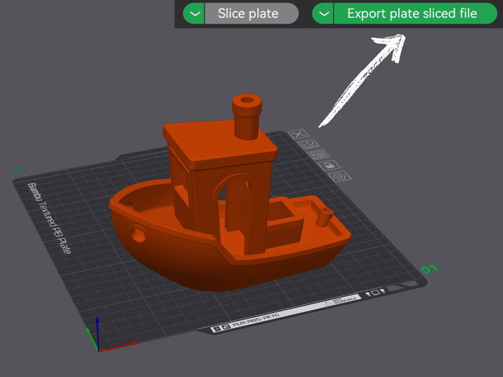 Bambu Studio toolbar with 'Export plate sliced file' highlighted next to the Slice plate button