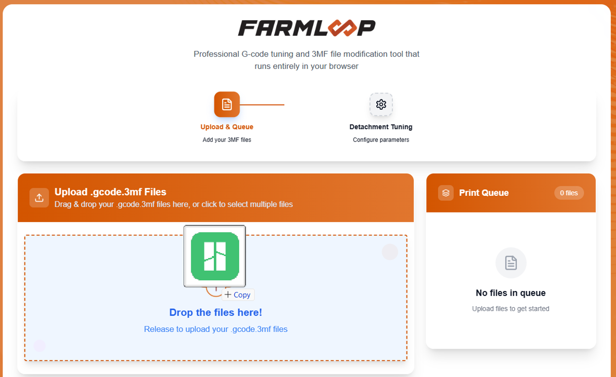 FarmLoop app upload area with Upload & Queue highlighted and a drop zone for .gcode.3mf files
