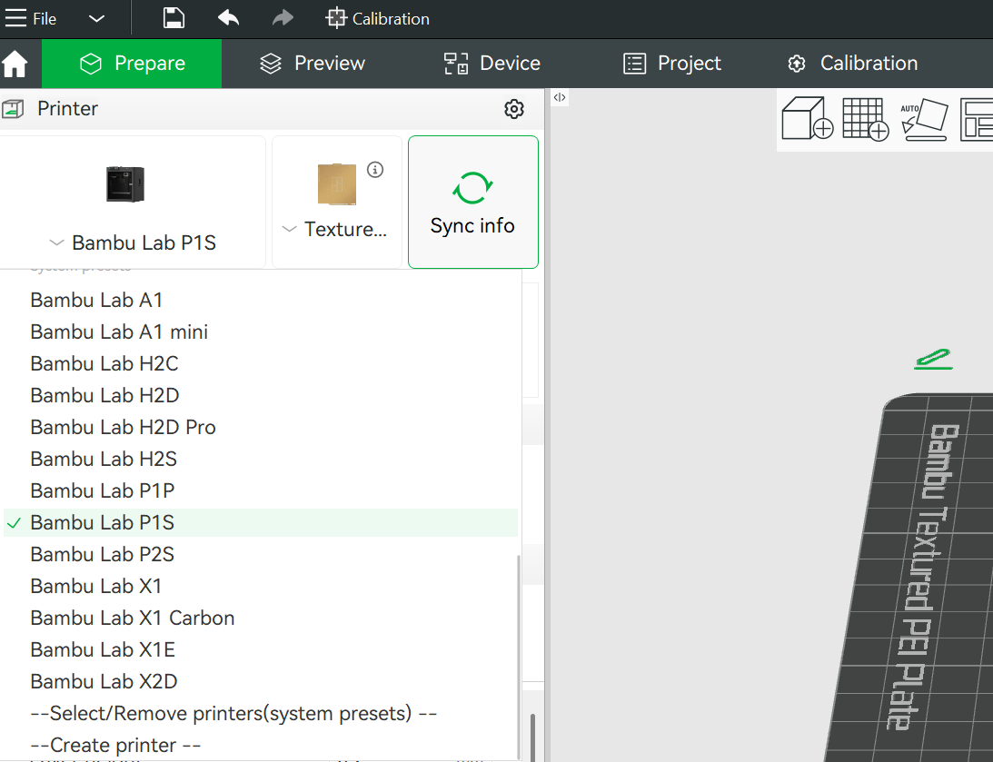 Slicing the test file in Bambu Studio with the printer selected