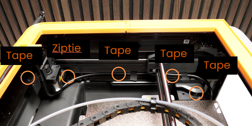 Cable-routing overview with each tie-down point labelled: Tape, Ziptie, Tape, Tape, Tape