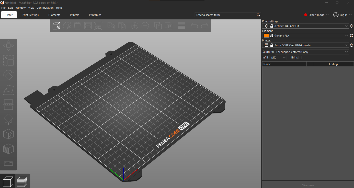 PrusaSlicer plater view with the Prusa CORE One HF0.4 nozzle printer profile selected