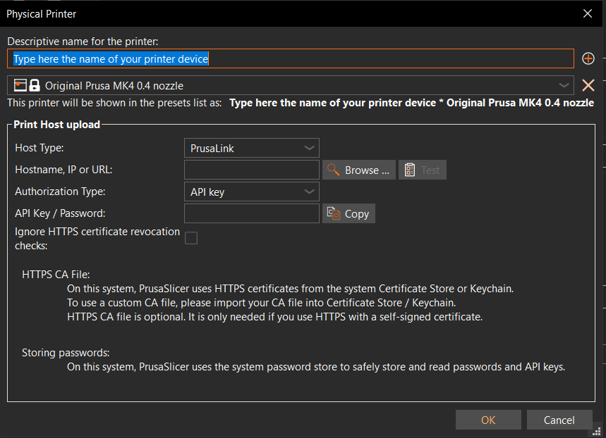 Physical Printer dialog with Host Type set to PrusaLink, and fields for hostname, authorization type, and API key