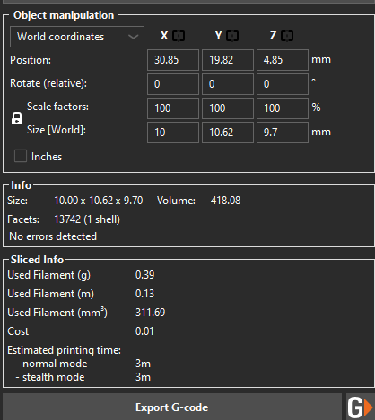 PrusaSlicer object manipulation and sliced-info panel with the Export G-code button at the bottom