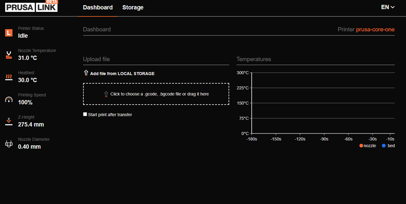 PrusaLink web dashboard showing printer status, temperatures, and the drag-and-drop file upload area