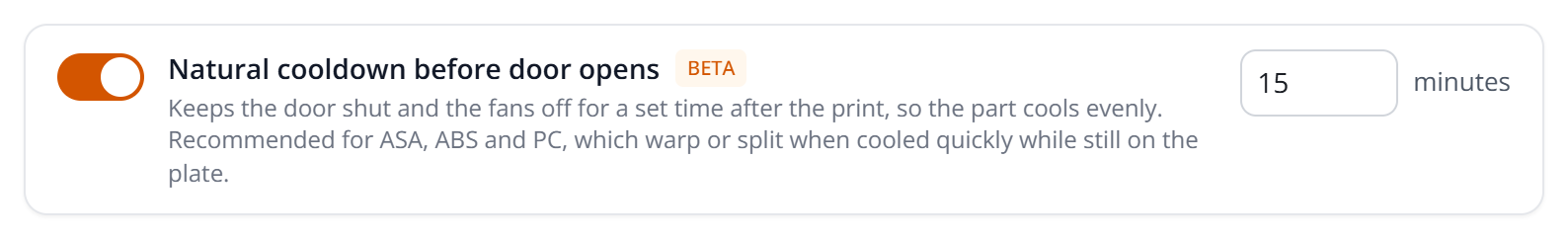 Natural cooldown switched on, set to 15 minutes