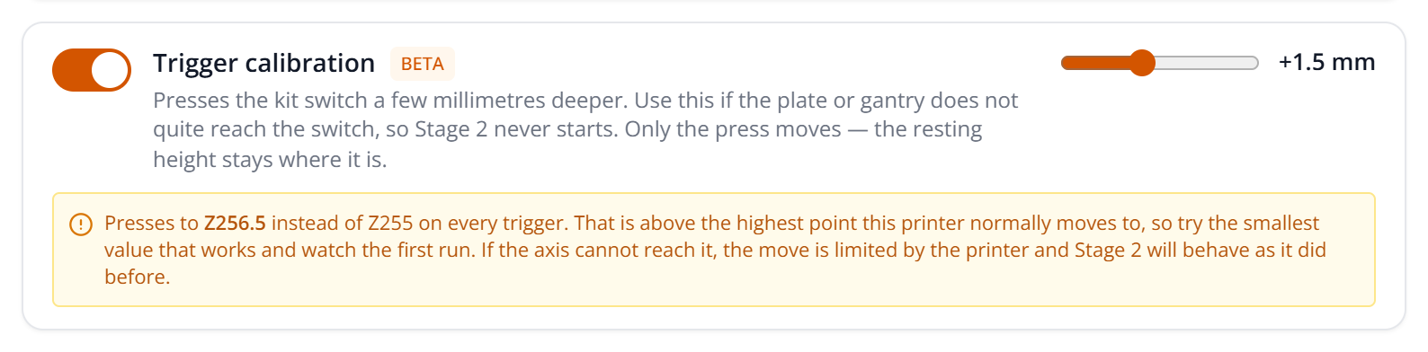 Trigger calibration set to +1.5 mm, with the exact press height shown