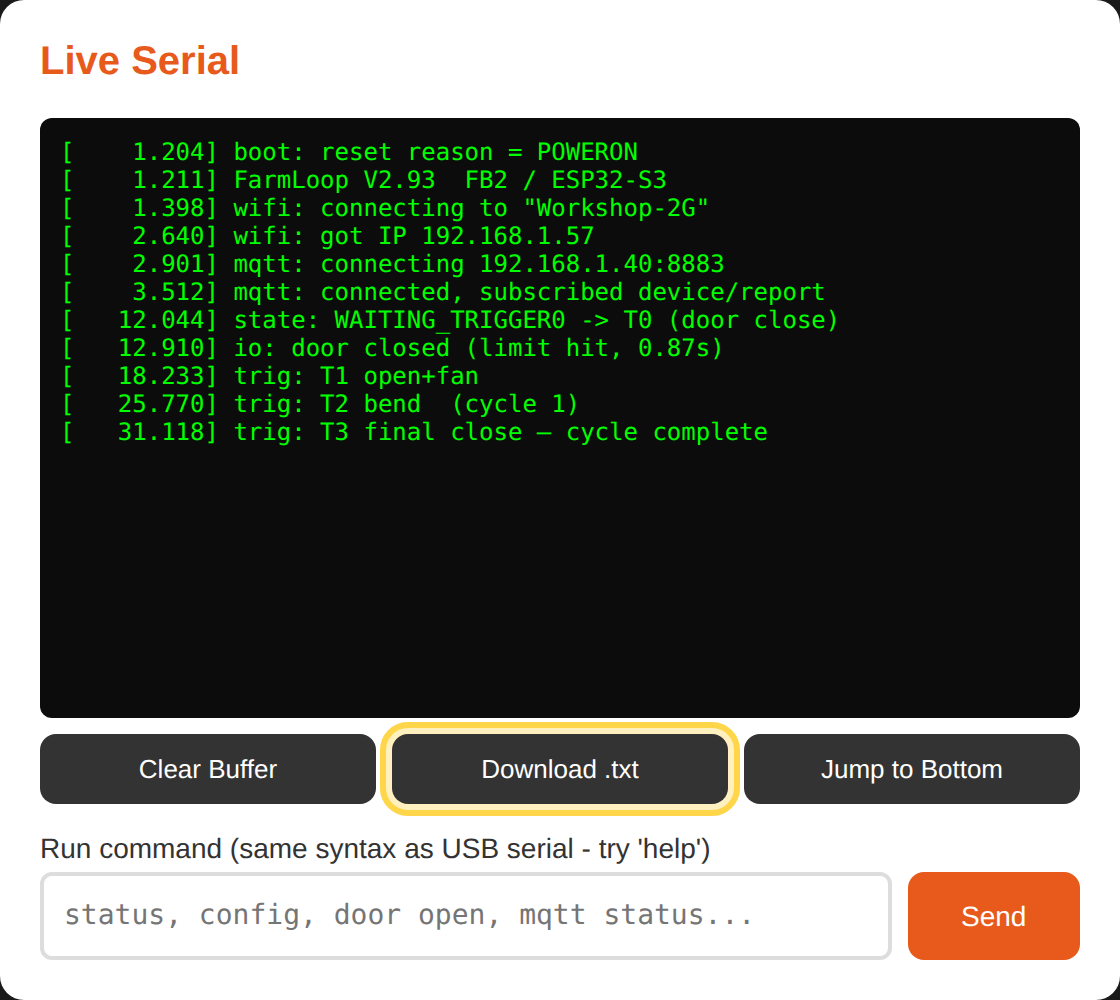 The FarmBoard OTA web page "Live Serial" card, with the "Download .txt" button highlighted