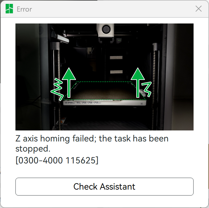 Bambu Studio error dialog: Z axis homing failed; the task has been stopped. (error code 0300-4000 115625)
